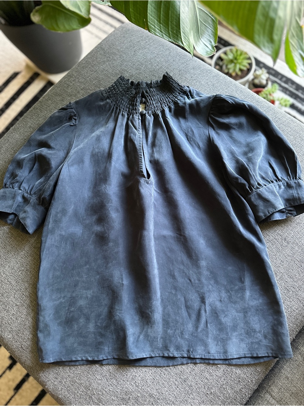 Evereve Navy Blue Smocked High-Neck Puff Sleeve Blouse
